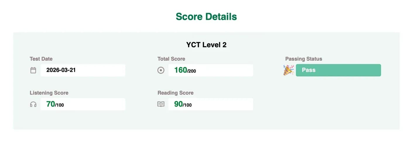 Официальный отчёт: YCT 2 — 160 баллов из 200, статус Pass