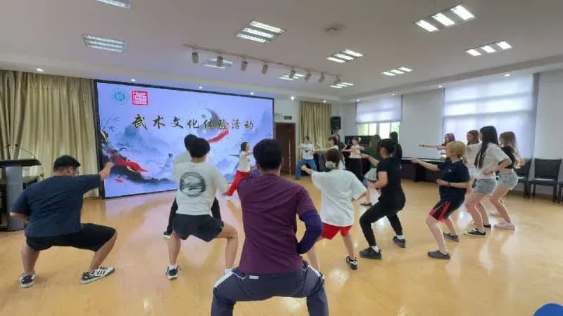 Ученики повторяют движения ушу за преподавателем в зале